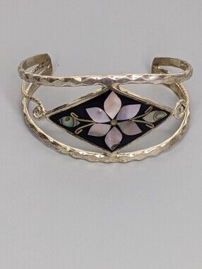 Vintage Alpaca Mexico Abalone Inlay Bracelet Silver Tone Diamond Panel Cuff
